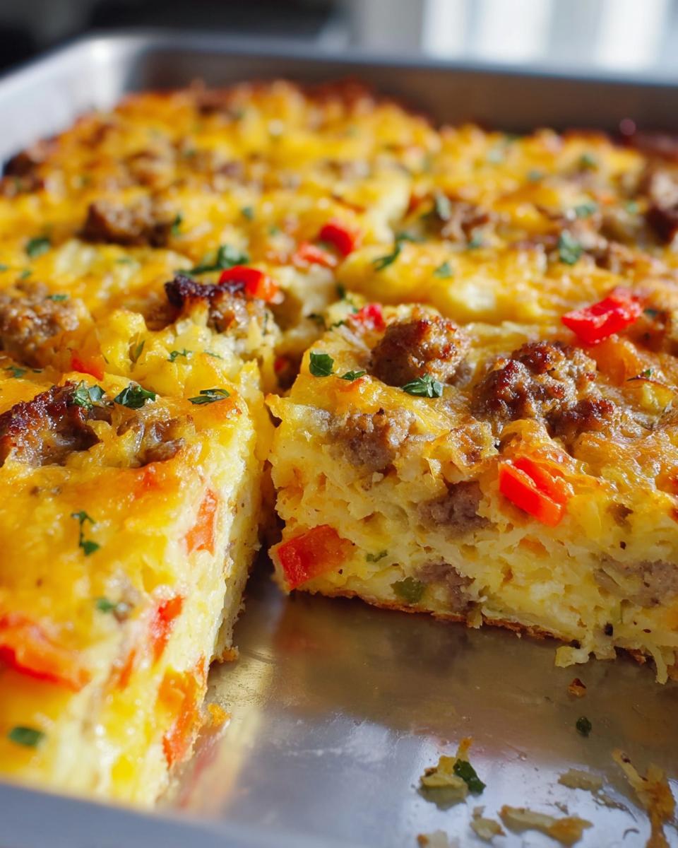 A close-up of a square slice cut from a Cheesy Hashbrown Breakfast Casserole, showing sausage, peppers, and melted cheese.