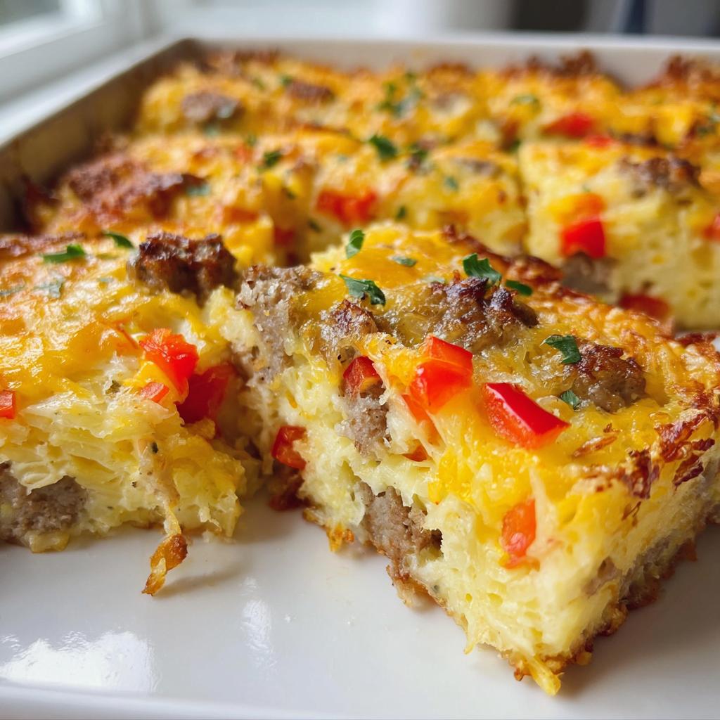 Close-up of a serving of Cheesy Hashbrown Breakfast Casserole with sausage, red peppers, and melted cheese.