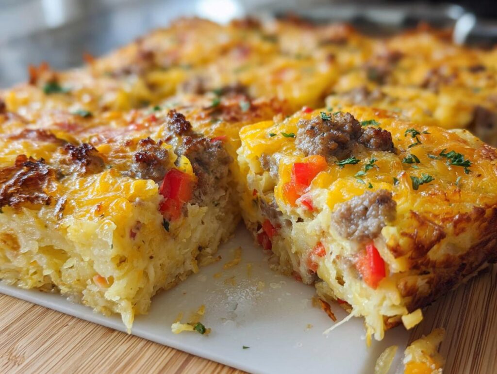Close-up of a slice of Cheesy Hashbrown Breakfast Casserole showing hashbrown base, sausage, red peppers, and melted cheddar cheese.