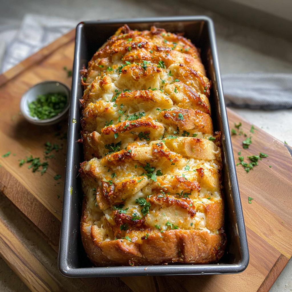 A golden-brown loaf of Cheesy Pull-Apart Bread, baked in a metal pan and topped with melted cheese and parsley.