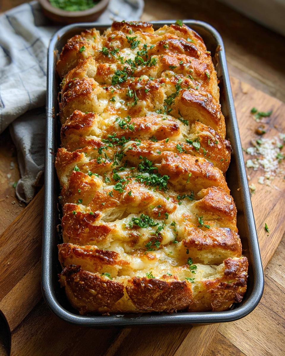 Close-up overhead shot of golden brown Cheesy Pull-Apart Bread baked in a loaf pan, topped with melted cheese and fresh parsley.