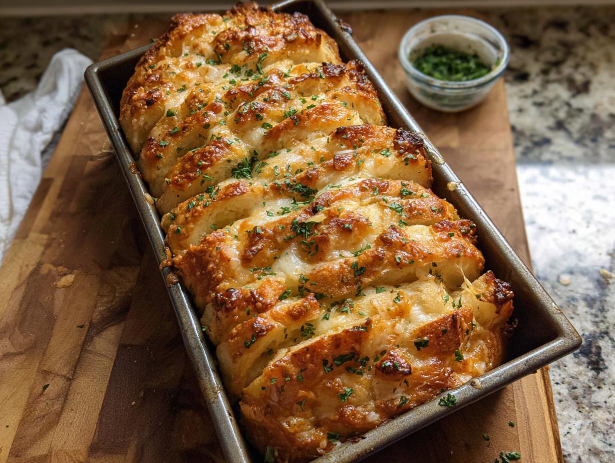 Golden brown Cheesy Pull-Apart Bread baked in a loaf pan, topped with melted cheese and fresh parsley.
