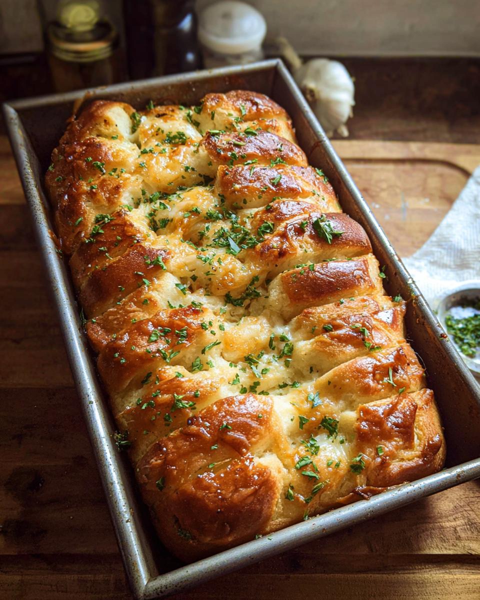 Golden brown Cheesy Pull-Apart Bread, glistening with butter and topped with fresh parsley, baked in a metal loaf pan.