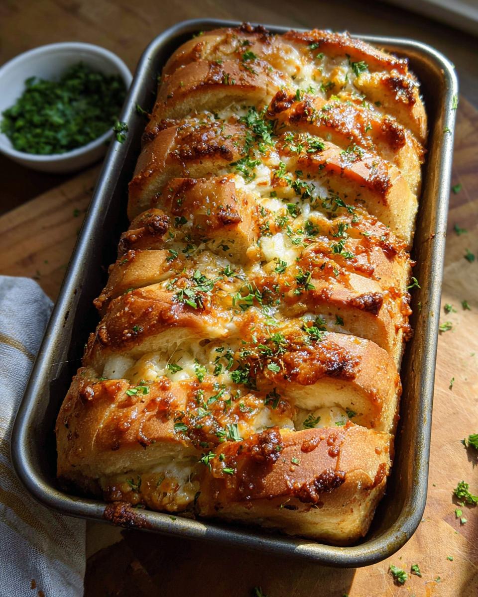 Freshly baked Cheesy Pull-Apart Bread, golden brown and topped with melted cheese and parsley, in a metal loaf pan.