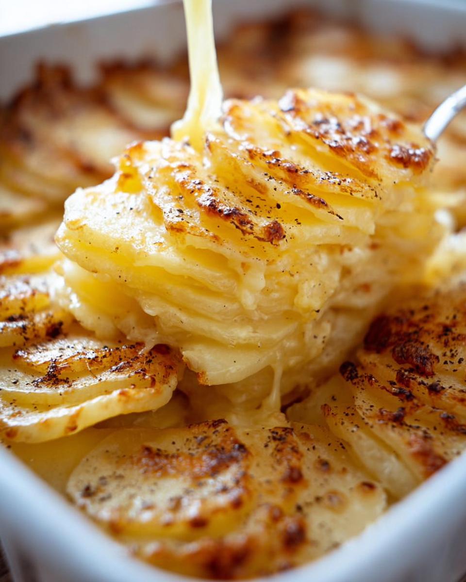 A serving spoon lifts a portion of Cheesy Scalloped Potatoes, showing melted cheese stretching between the layers.
