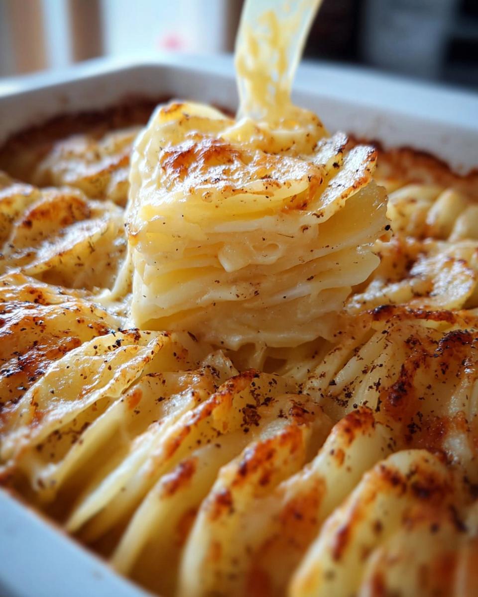 A serving of Cheesy Scalloped Potatoes showing a perfect cheese pull as a slice is lifted from the baking dish.