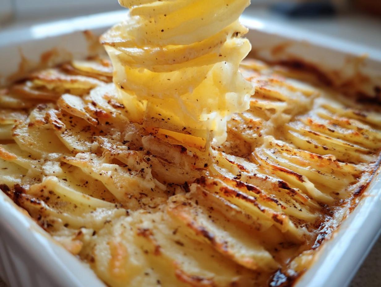 Close-up of baked Cheesy Scalloped Potatoes with a stack of creamy potato slices being lifted, showing melted cheese.