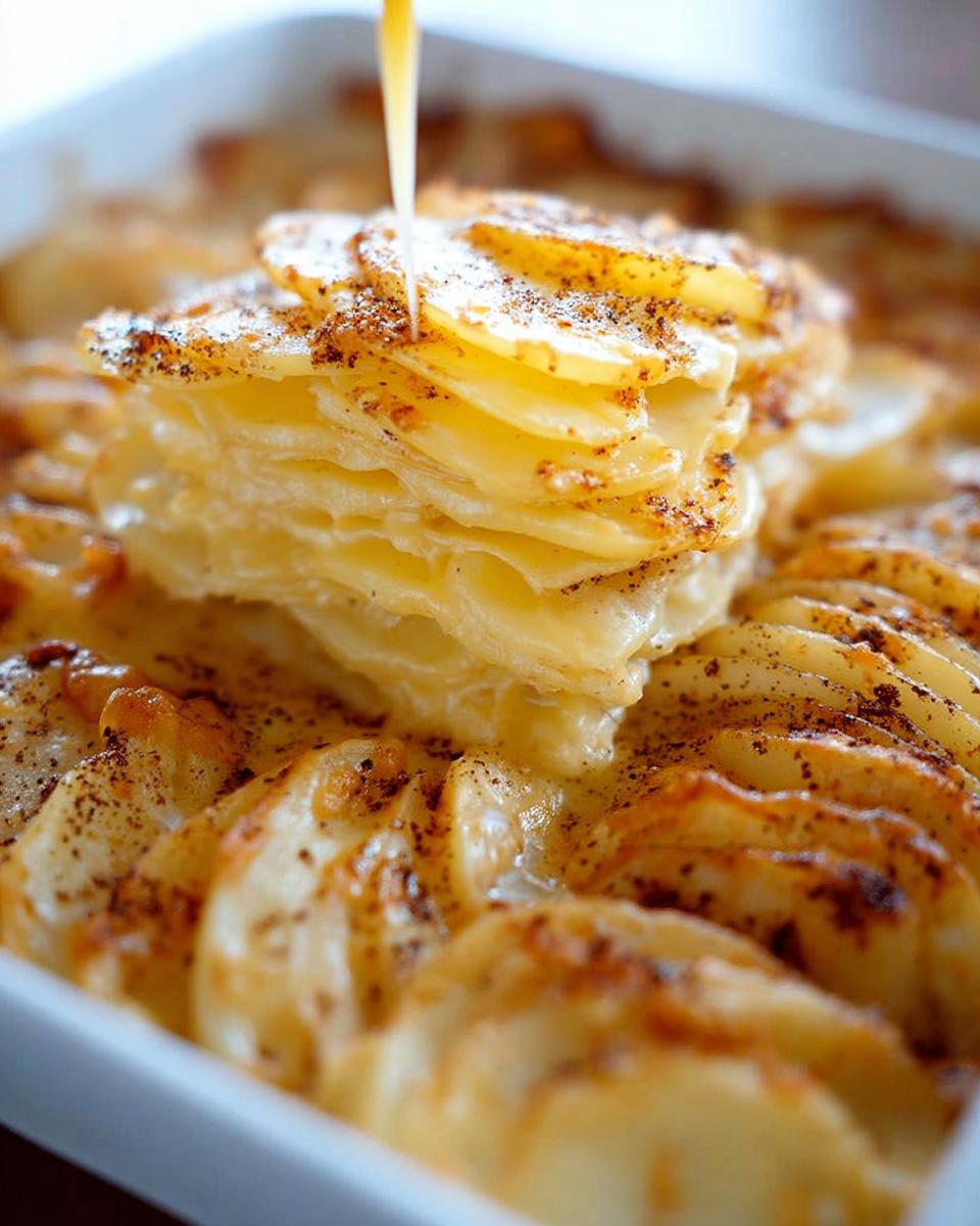 A close-up of layered, thinly sliced Cheesy Scalloped Potatoes being drizzled with liquid.