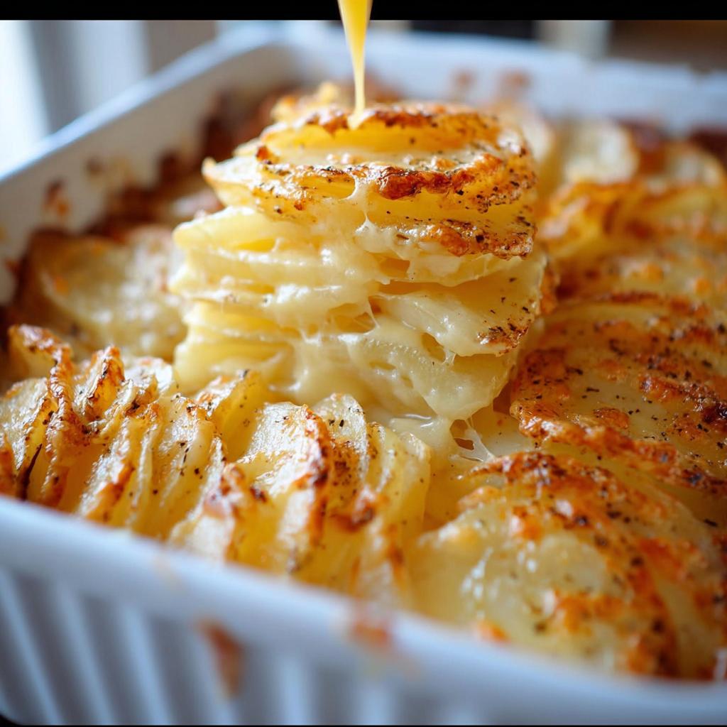 Close-up of baked Cheesy Scalloped Potatoes with melted cheese oozing between layers and sauce being poured on top.