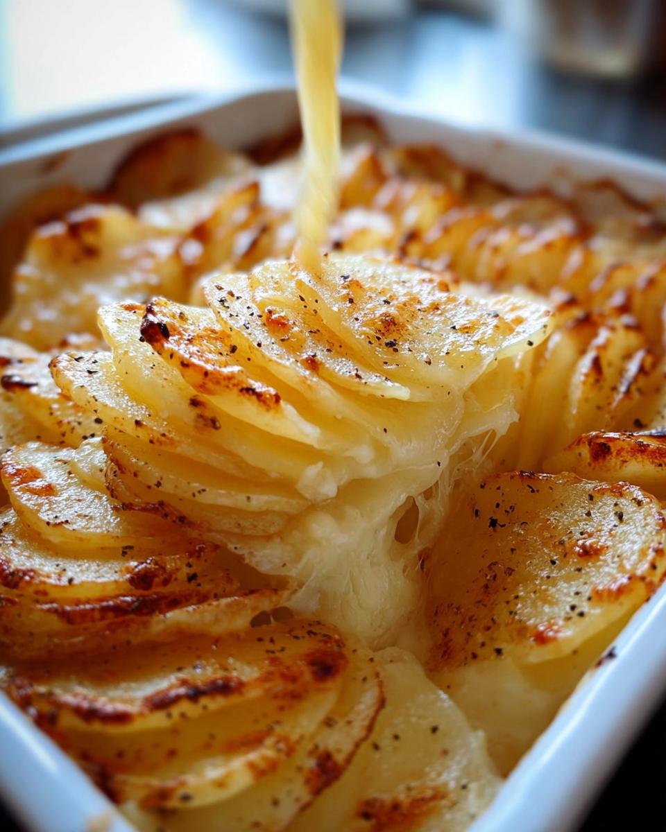Close-up of beautifully layered Cheesy Scalloped Potatoes with sauce being poured over the browned top layer.
