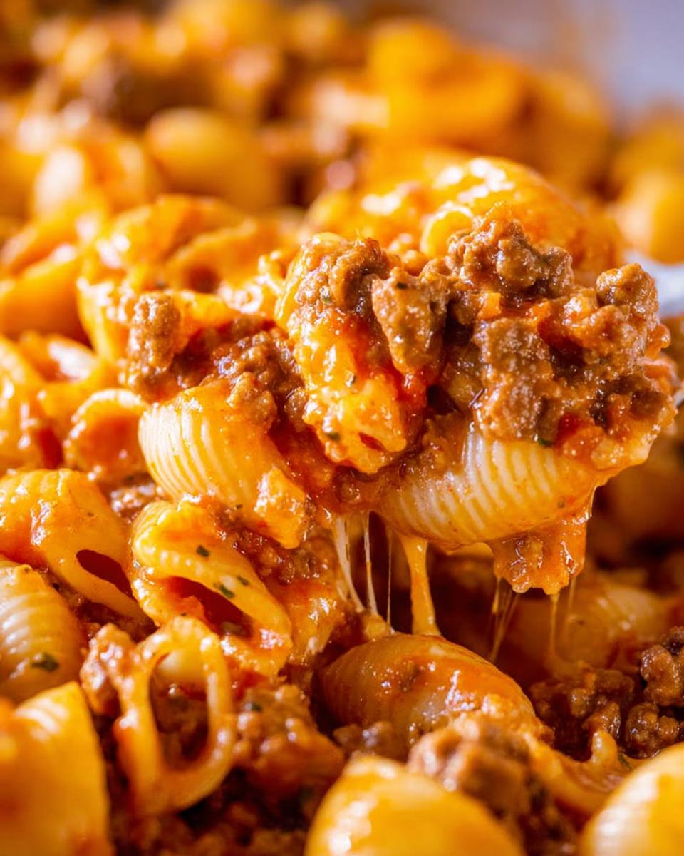 Close-up of a spoonful of Cheesy Taco Pasta showing shell noodles coated in a rich, cheesy taco sauce and ground meat.