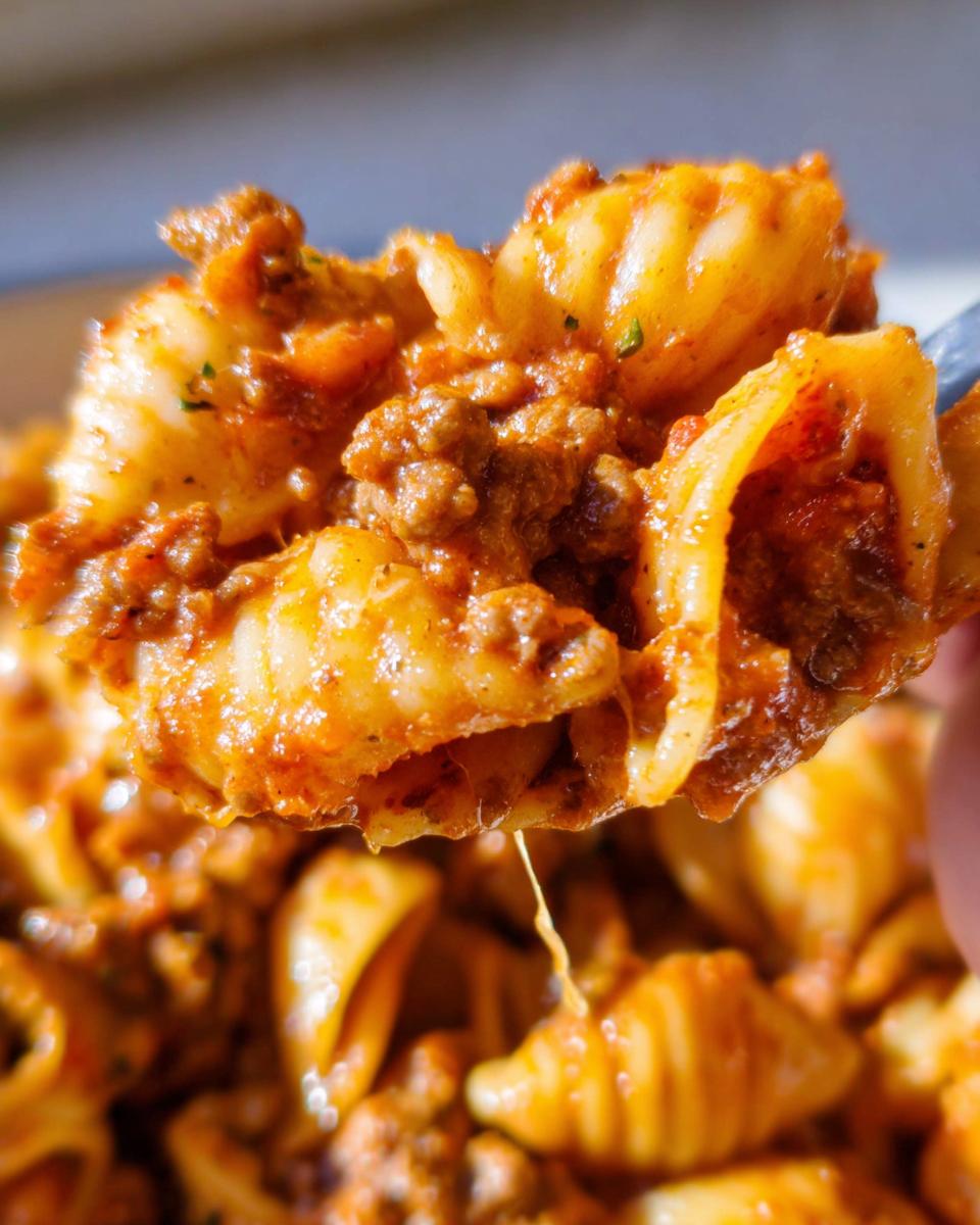 A close-up shot showing a fork lifting a bite of Cheesy Taco Pasta coated in rich, meaty sauce with a visible cheese pull.
