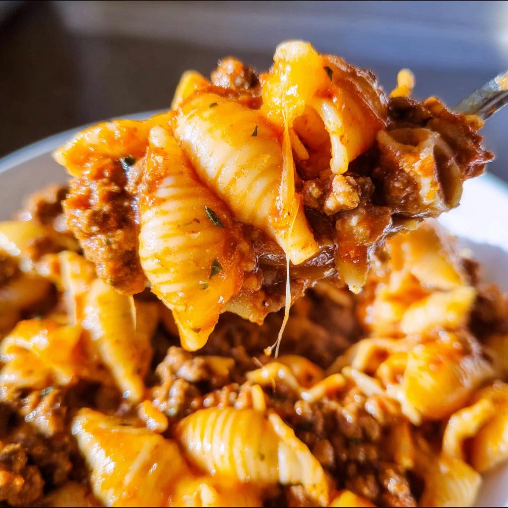 A spoonful of Cheesy Taco Pasta showing shell pasta coated in a rich, meaty sauce with visible cheese pull.