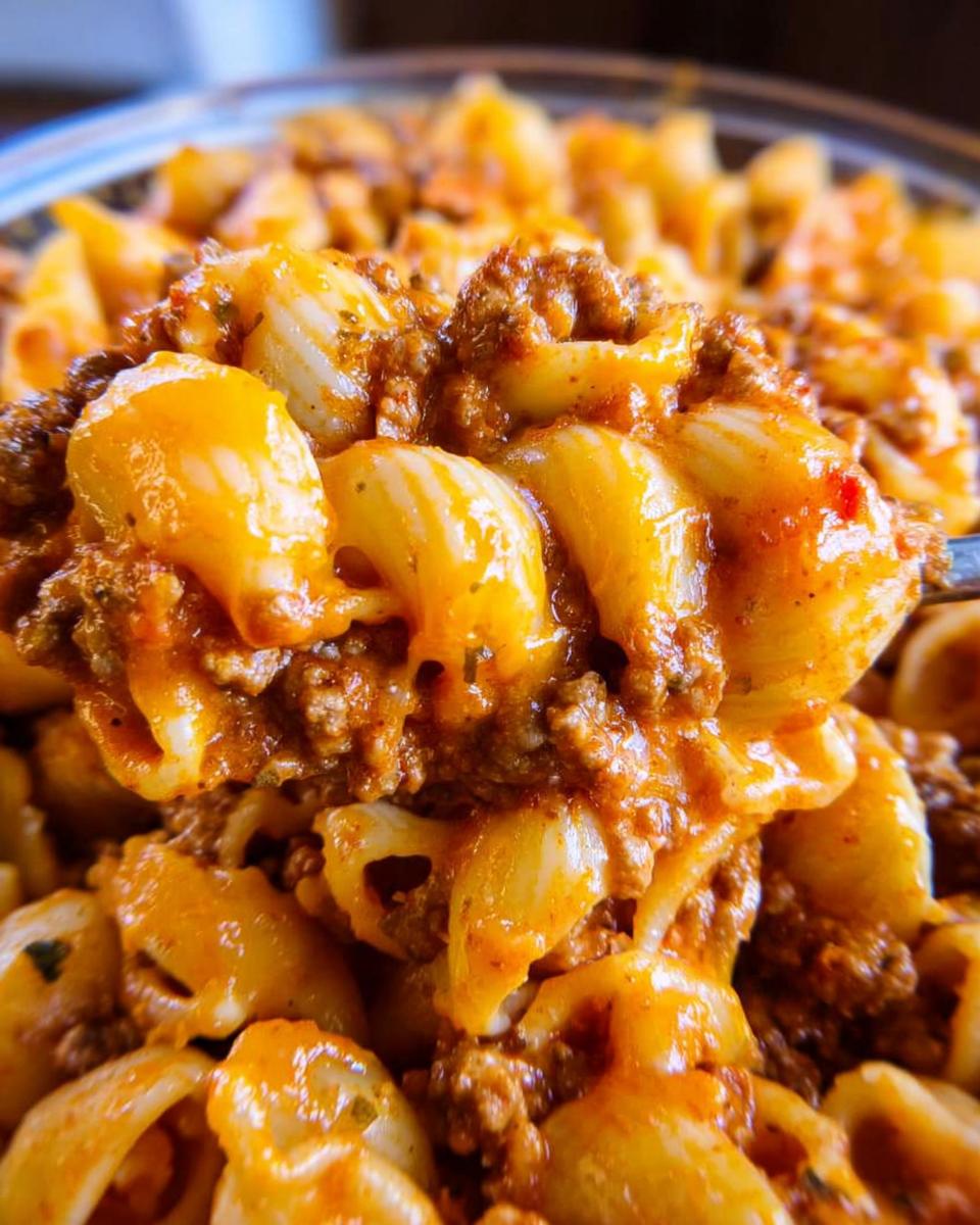 A spoonful of creamy, cheesy taco pasta mixed with seasoned ground beef and elbow macaroni.