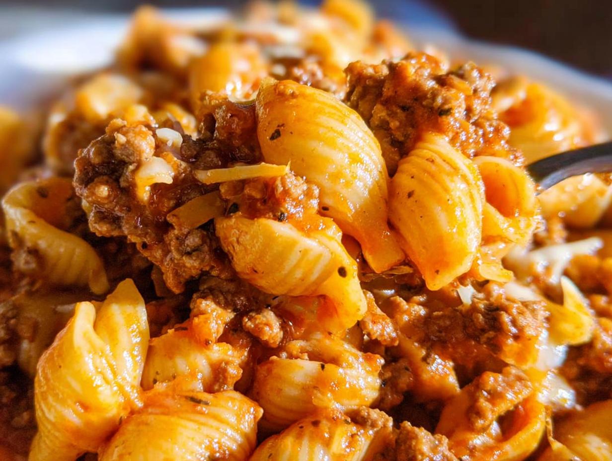 A close-up, mouth-watering shot of Cheesy Taco Pasta featuring shell pasta coated in a rich, meaty, tomato-based sauce and melted cheese.