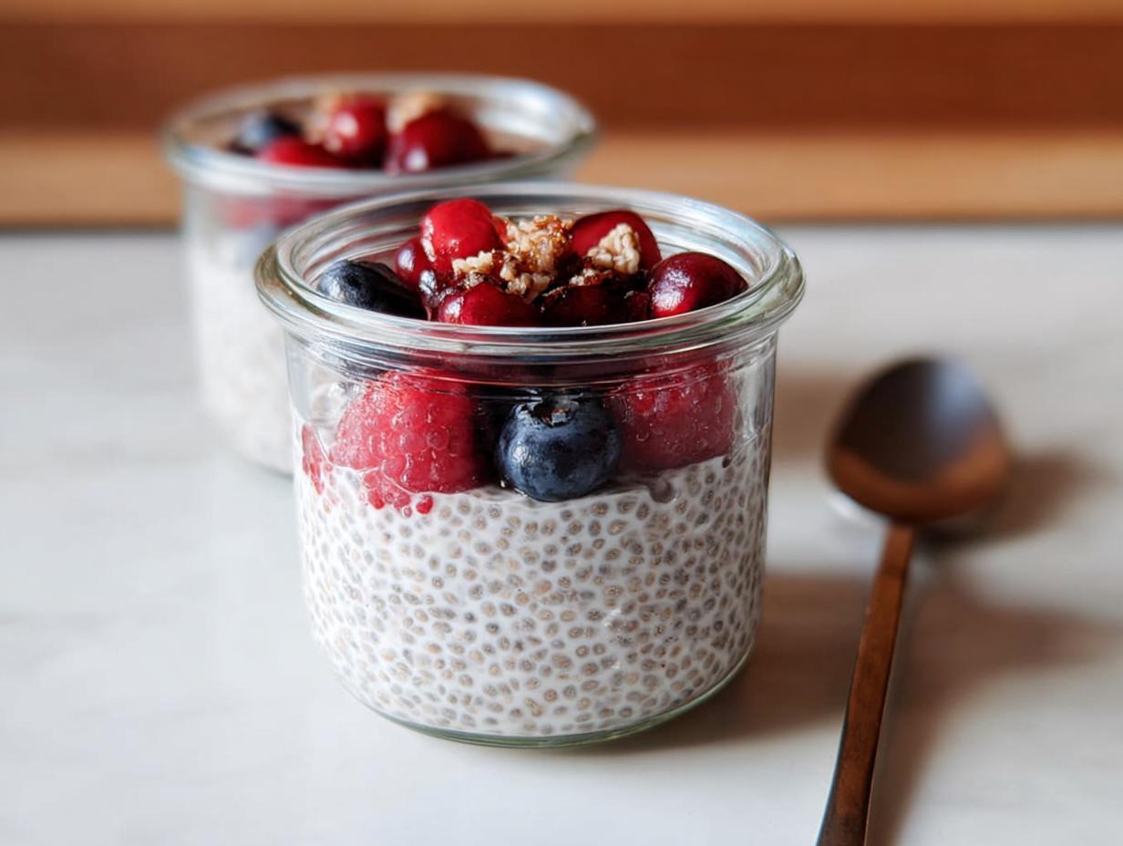 Close-up of chia pudding in a glass jar topped with fresh berries and granola, a perfect meal-prep friendly option for dinner ideas for busy weeknights.