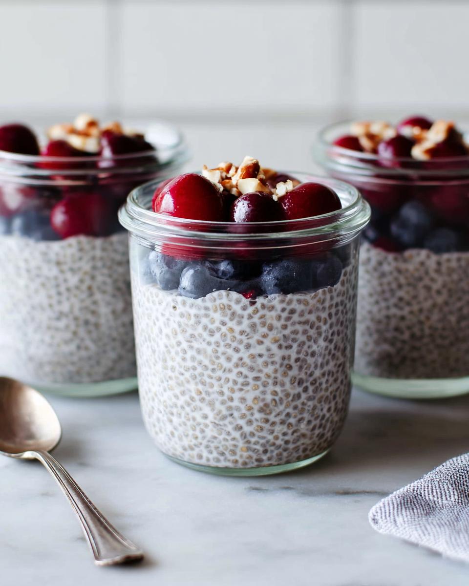Three jars of chia pudding topped with blueberries, cherries, and nuts, perfect for dinner ideas for busy weeknights.
