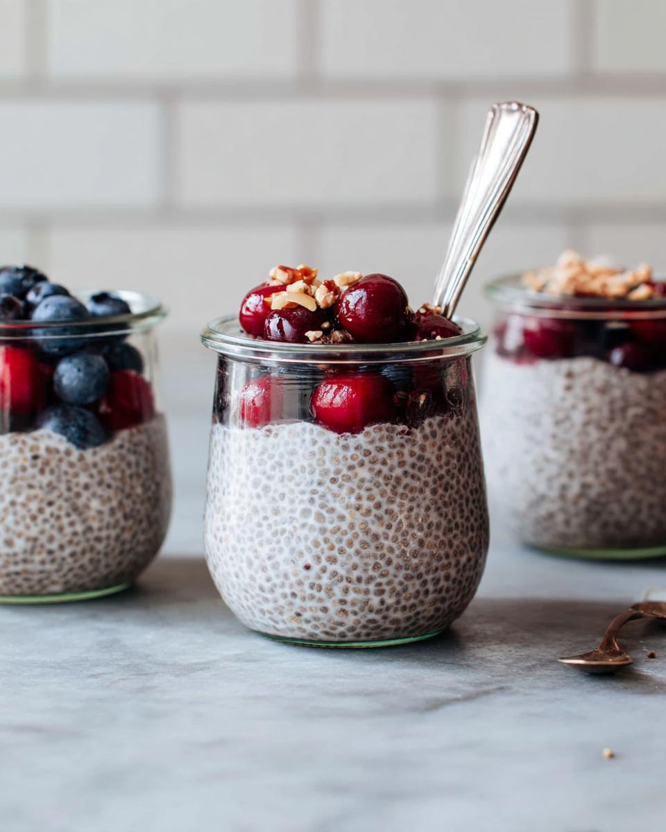Three jars of chia pudding topped with fresh berries and nuts, perfect for Dinner Ideas for Busy Weeknights.