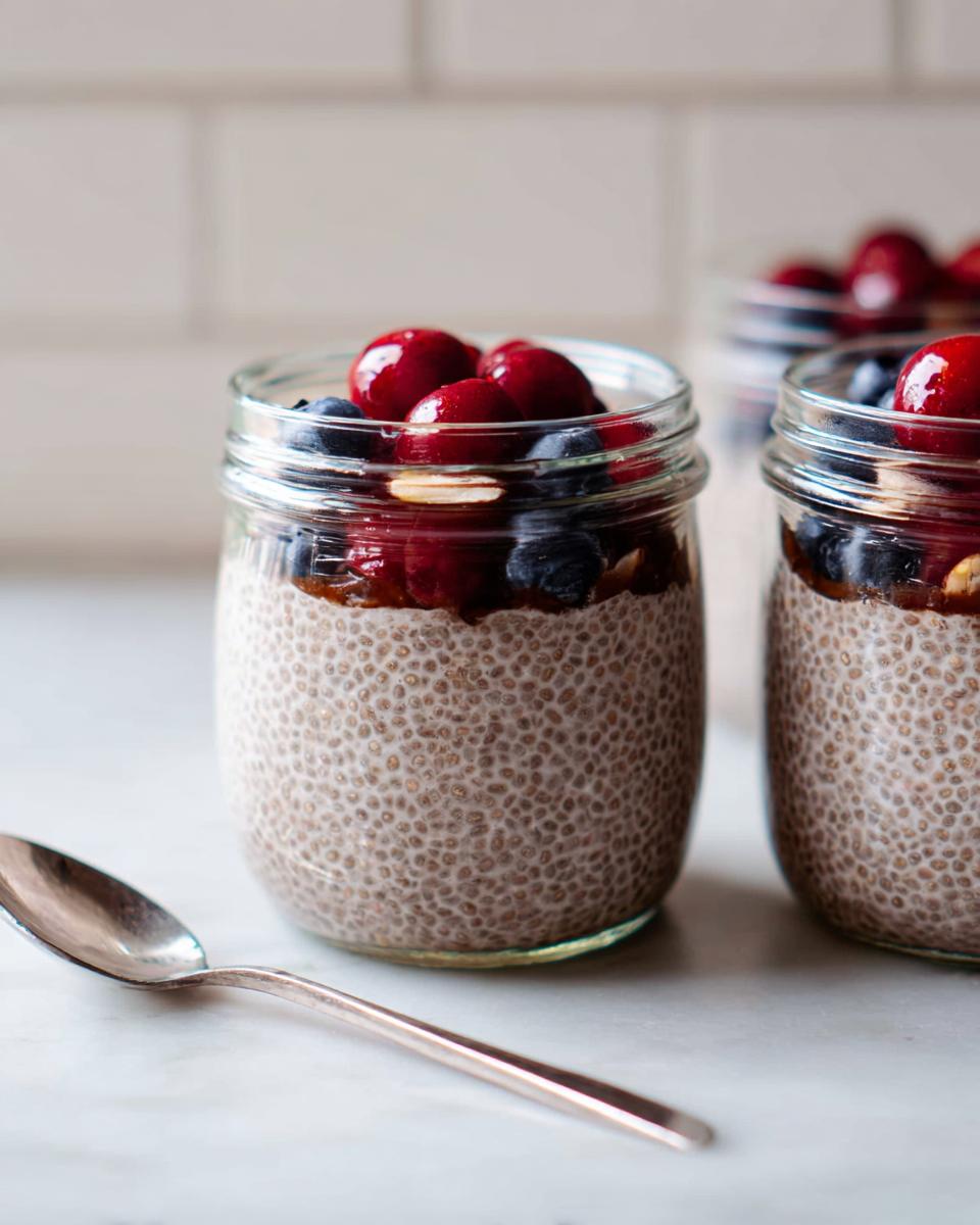 Meal-prep friendly chia pudding in jars with berries and nuts, perfect for busy weeknights.