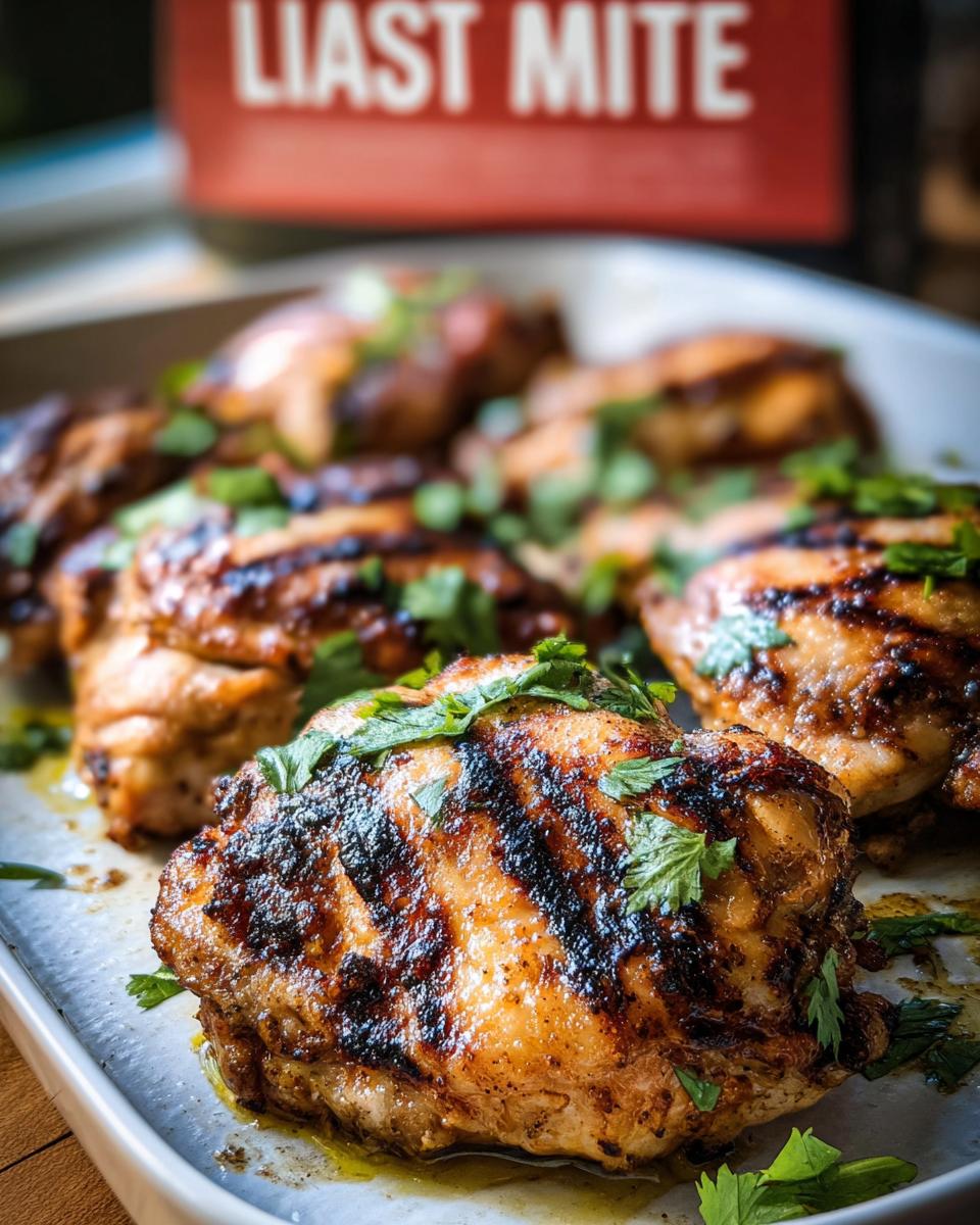 Close-up of grilled chicken thighs, seasoned and garnished with fresh parsley, perfect for busy weeknights.