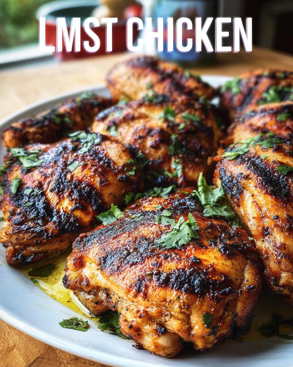 Close-up of a plate of grilled chicken thighs, seasoned and garnished with fresh herbs, perfect for busy weeknights.