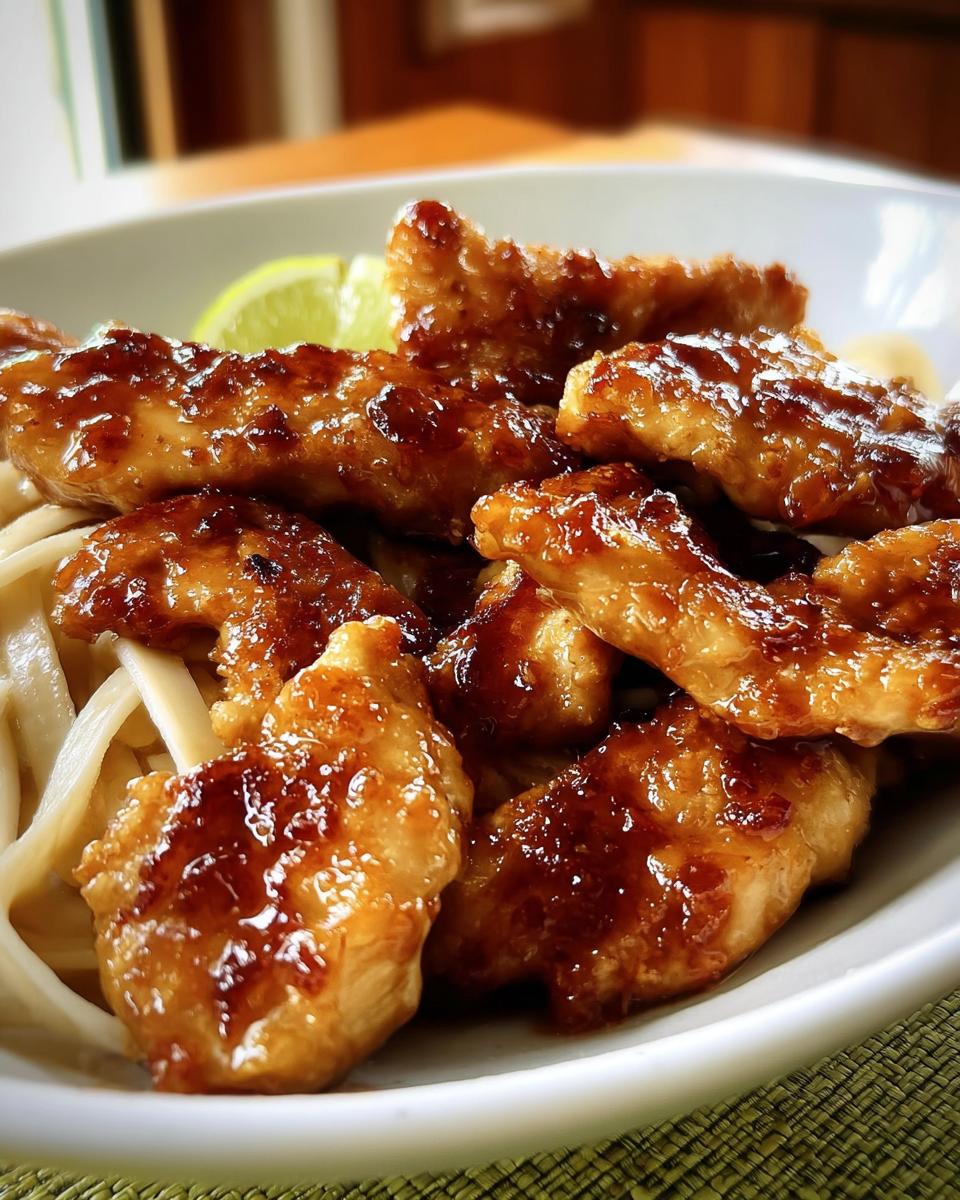 Close-up of glazed chicken pieces served over noodles, with a lime wedge. Perfect Chicken in 20 Minutes.