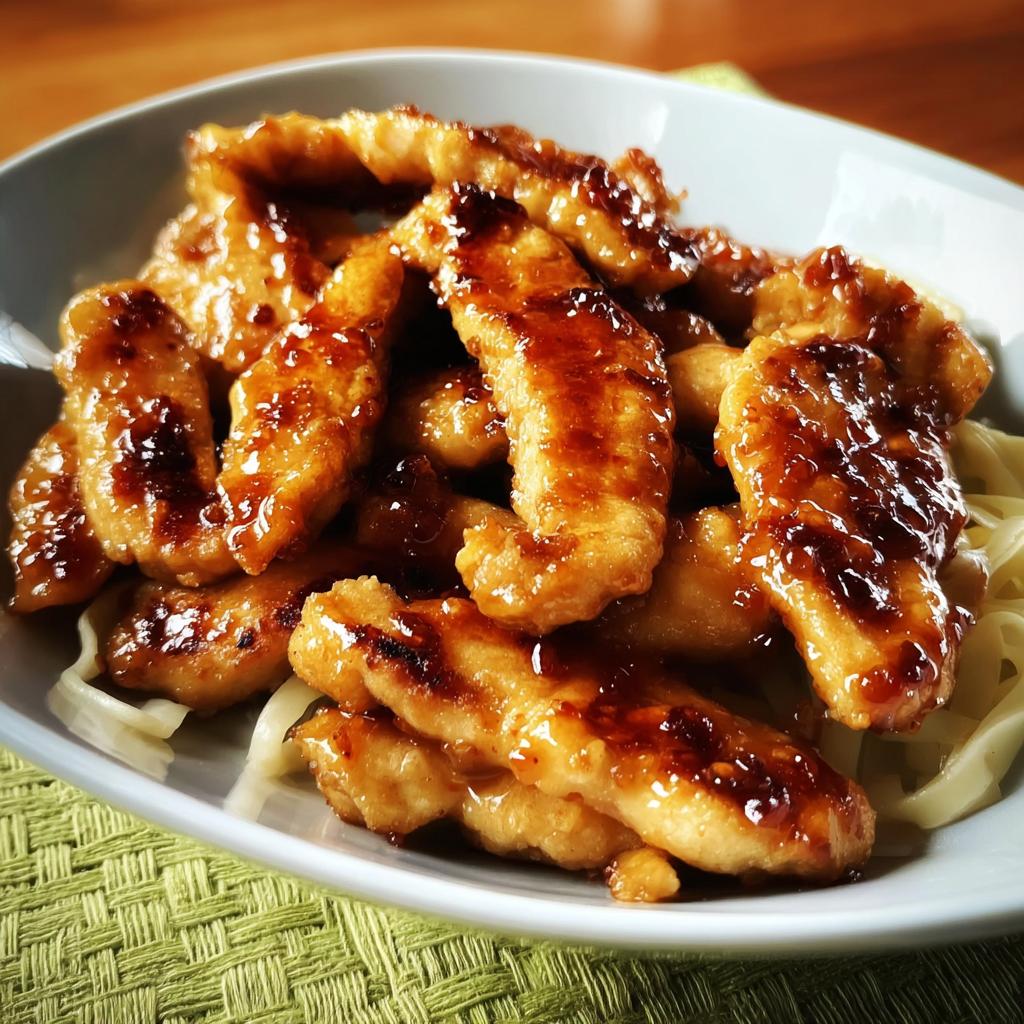 Close-up of glistening, glazed chicken strips served over noodles, a quick and easy Chicken in 20 Minutes meal.