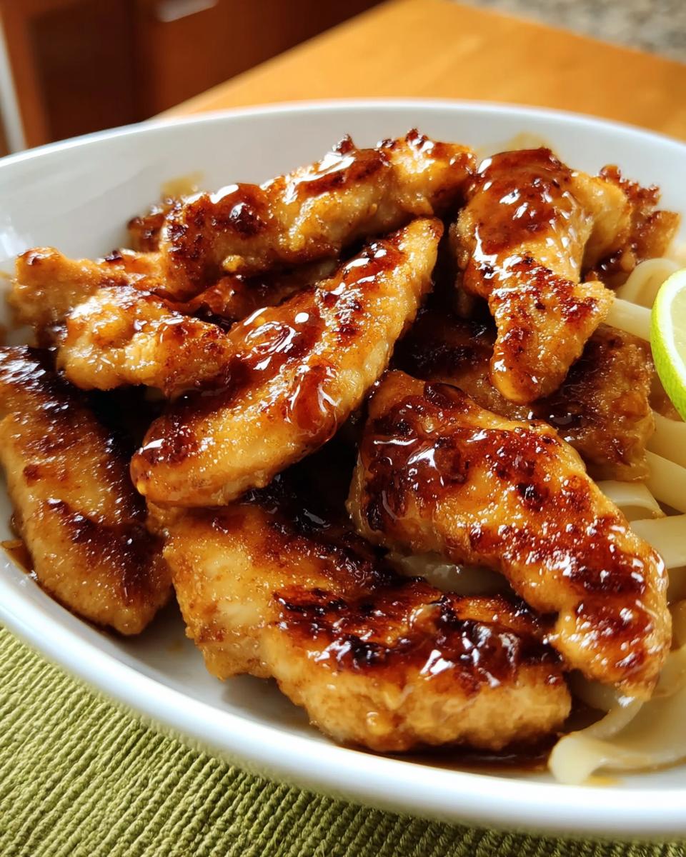 Close-up of glazed chicken strips served over noodles, a quick and easy Chicken in 20 Minutes meal.