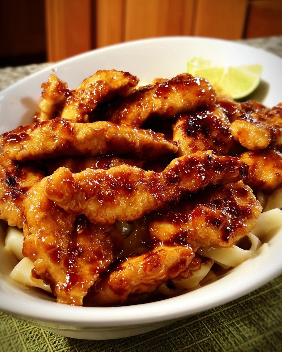 Close-up of glossy, glazed chicken strips served over noodles, a quick and delicious Chicken in 20 Minutes meal.