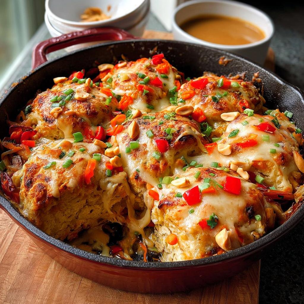 A close-up of a skillet filled with baked chicken patties topped with melted cheese, chopped red peppers, peanuts, and green onions. This is a great option for dinner recipes for busy weeknights.