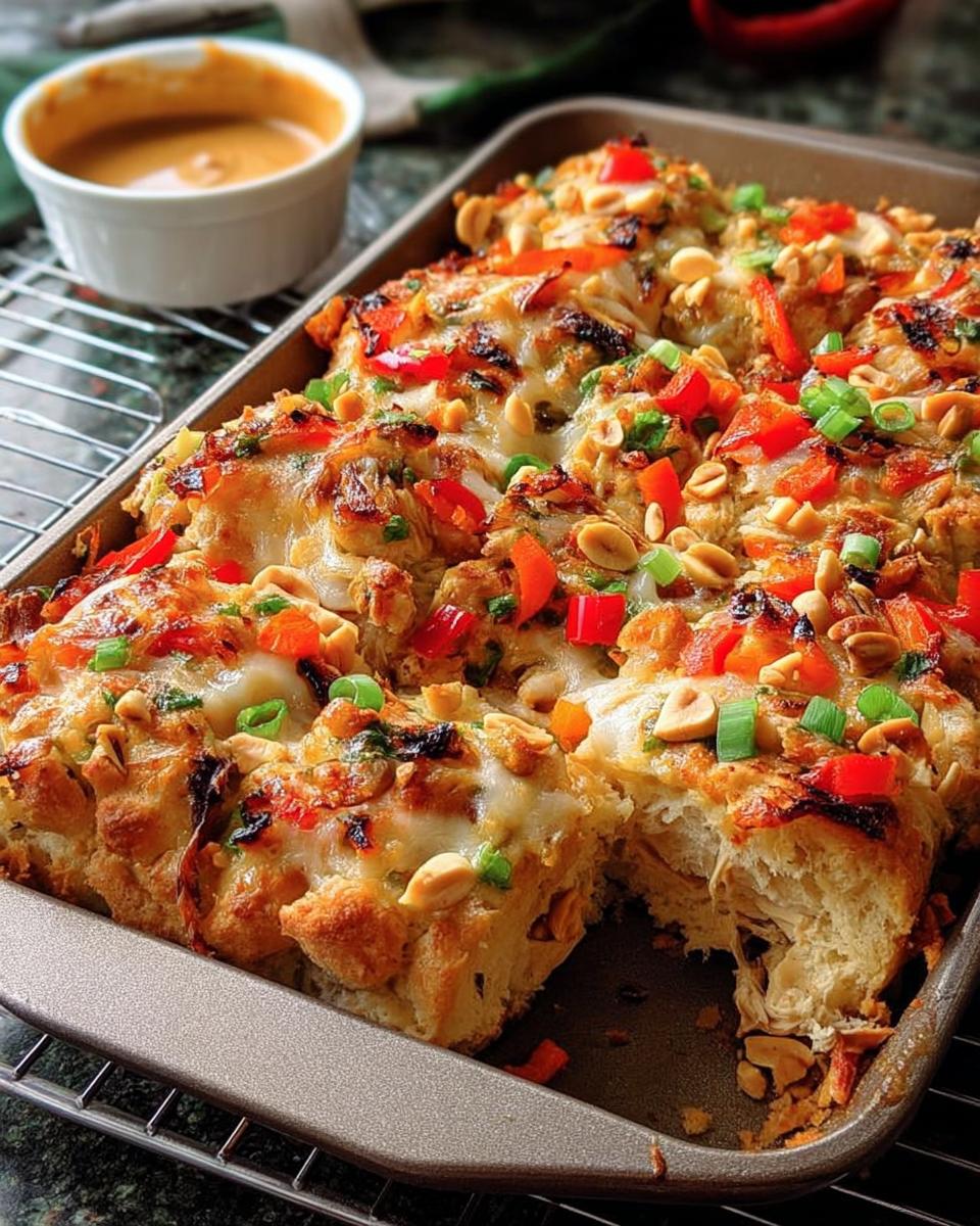 A close-up of a baked chicken and peanut casserole in a baking dish, perfect for dinner recipes for busy weeknights.