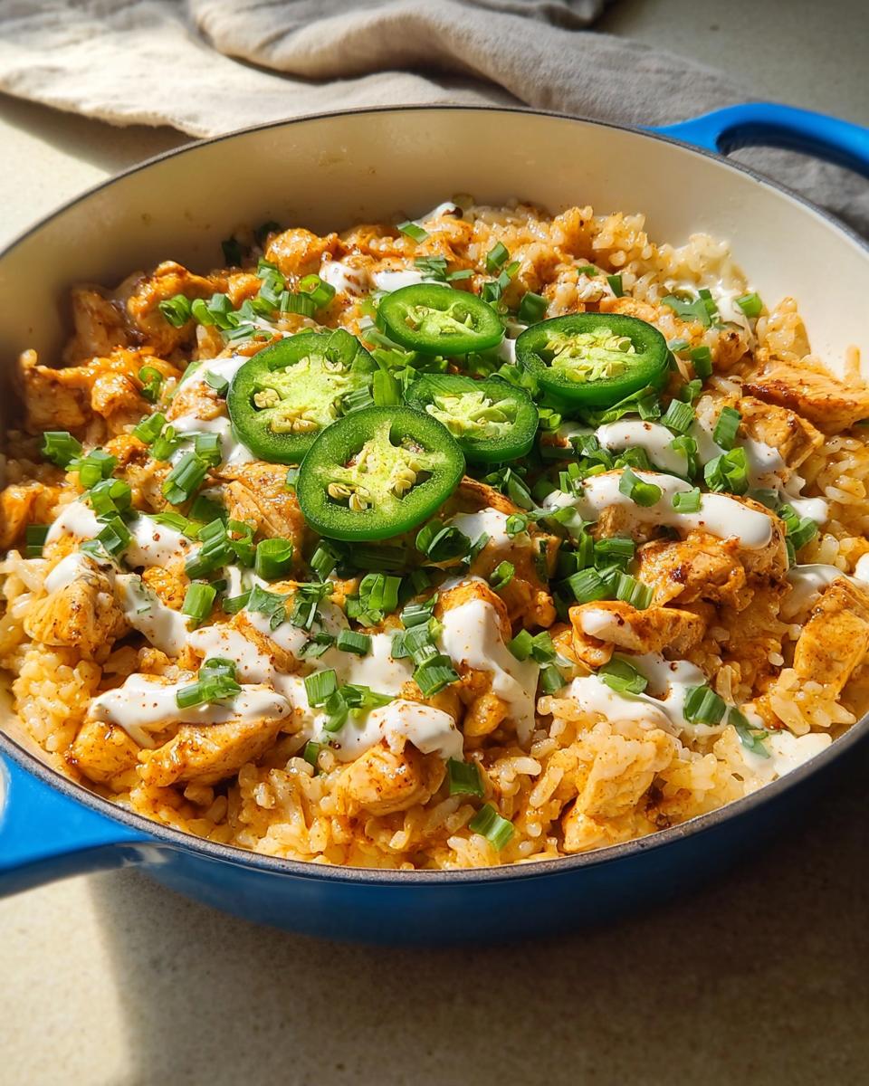 A vibrant bowl of chicken and rice, topped with jalapeños, scallions, and a drizzle of sauce, perfect for dinner recipes everyone asks for.