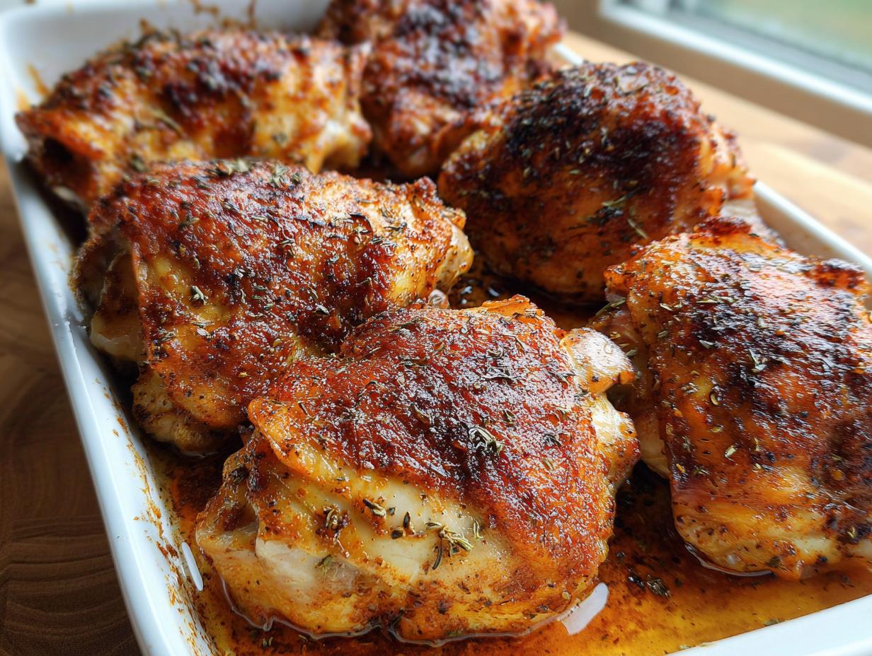 Close-up of perfectly baked chicken thighs in a white dish, seasoned with herbs, a recipe everyone asks for.