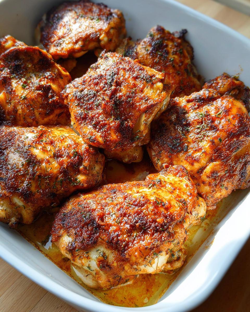 Close-up of perfectly roasted chicken thighs in a white dish, seasoned with herbs and spices.