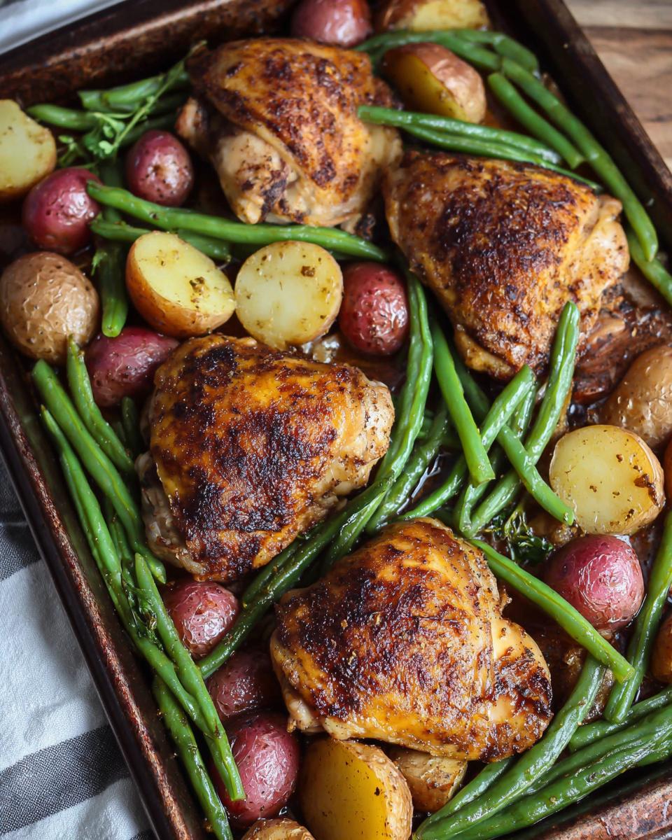 Close-up of a sheet pan meal with seasoned chicken thighs, red potatoes, and green beans, perfect for busy weeknights.