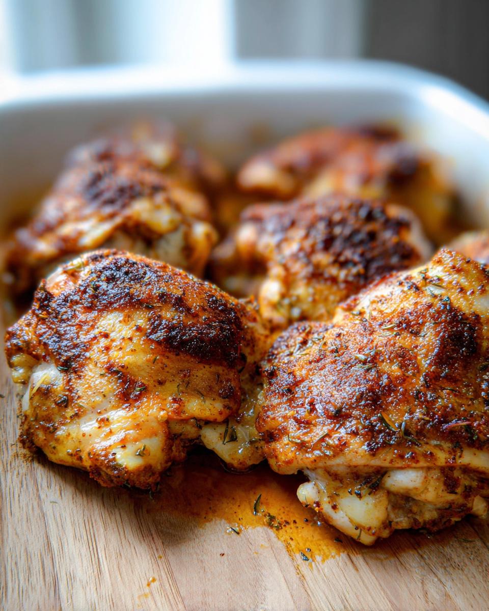 Close-up of perfectly baked chicken thighs recipe, seasoned with herbs and spices, in a white baking dish.