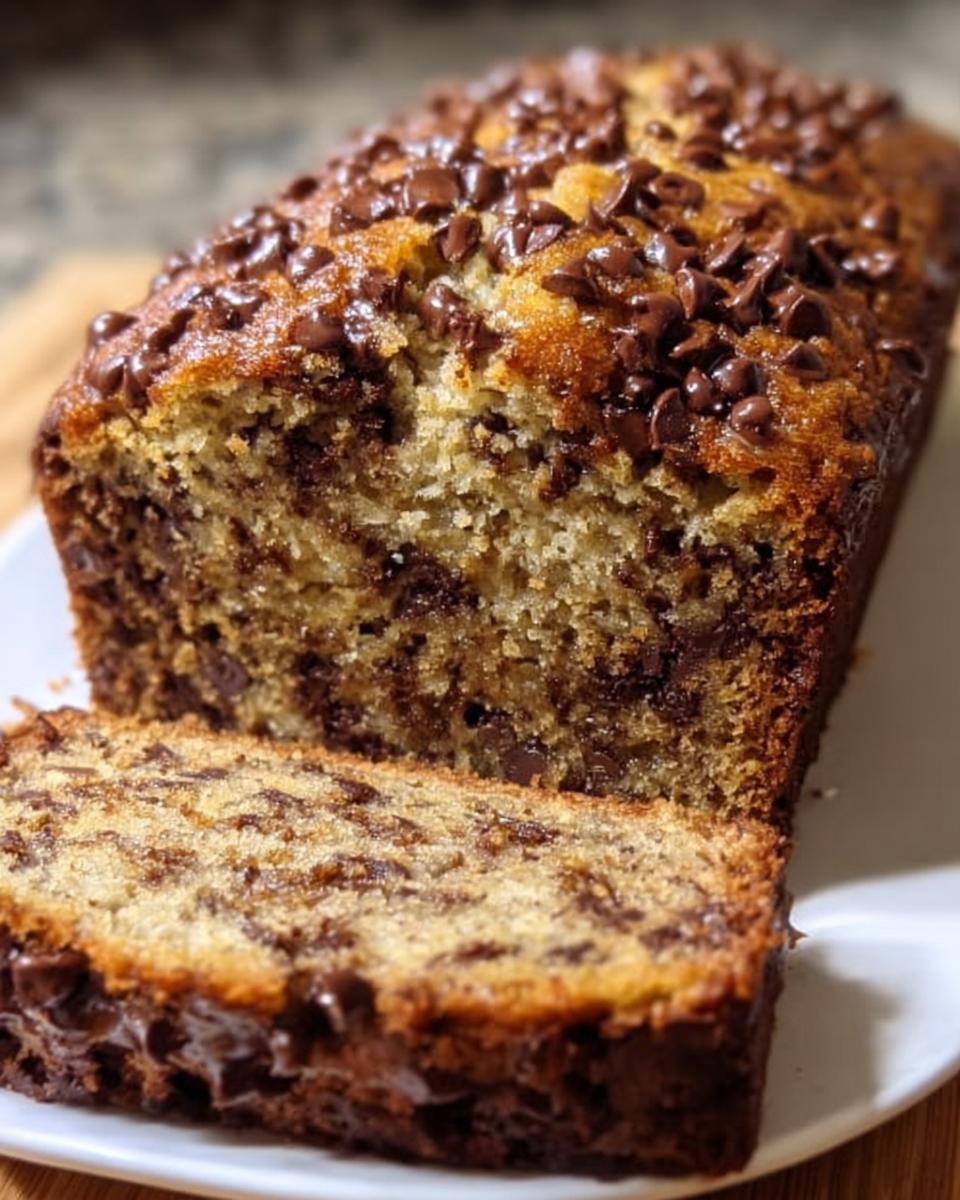 A freshly baked loaf of Chocolate Chip Banana Bread, partially sliced, showing moist interior and chocolate chips.