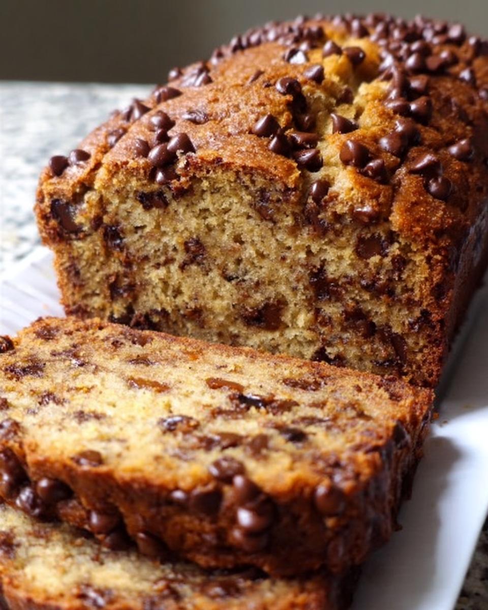 Close-up of a sliced Chocolate Chip Banana Bread loaf, showing moist texture and melted chocolate chips throughout.