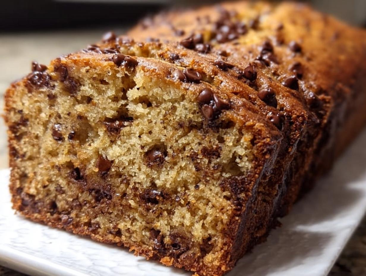 Close-up of a freshly baked, moist Chocolate Chip Banana Bread loaf, showing the texture and melted chocolate chips.