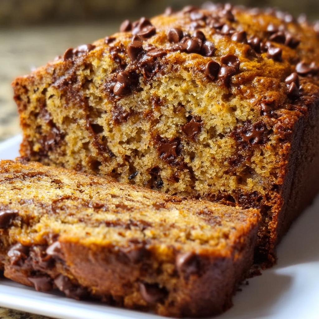 A close-up of moist Chocolate Chip Banana Bread, showing a slice cut and revealing rich chocolate chips throughout the crumb.