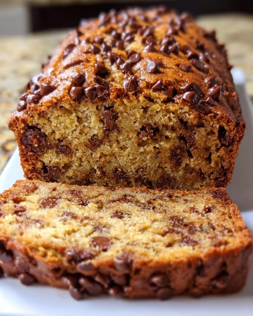 A loaf of moist Chocolate Chip Banana Bread, sliced to show the interior loaded with chips.