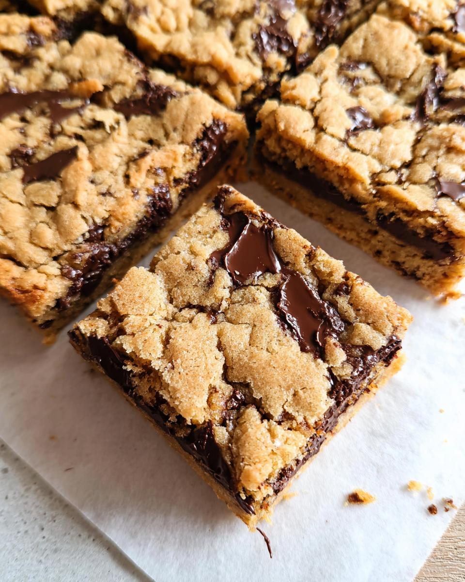 Close-up of thick, gooey chocolate chip Bar Cookies for a Crowd, cut into squares.