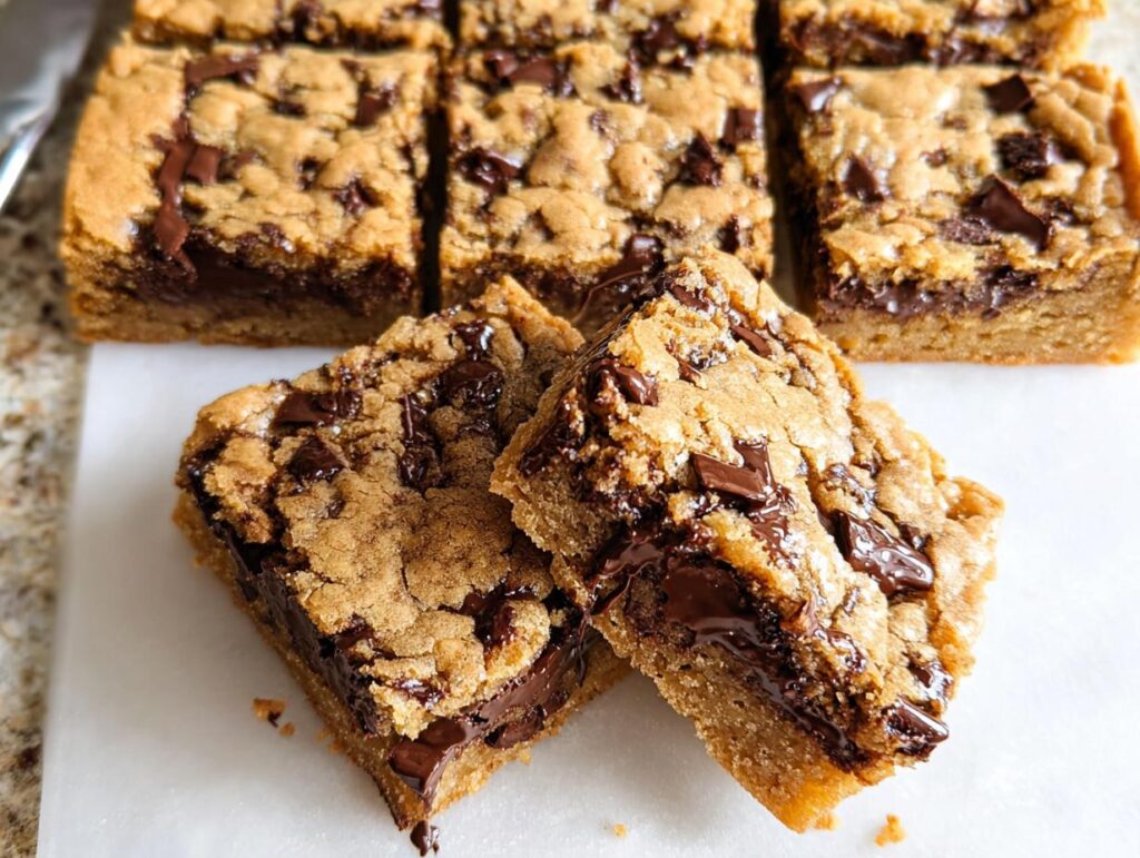 Close-up of gooey chocolate chip bar cookies for a crowd, showing thick, chewy edges and melted chocolate centers.