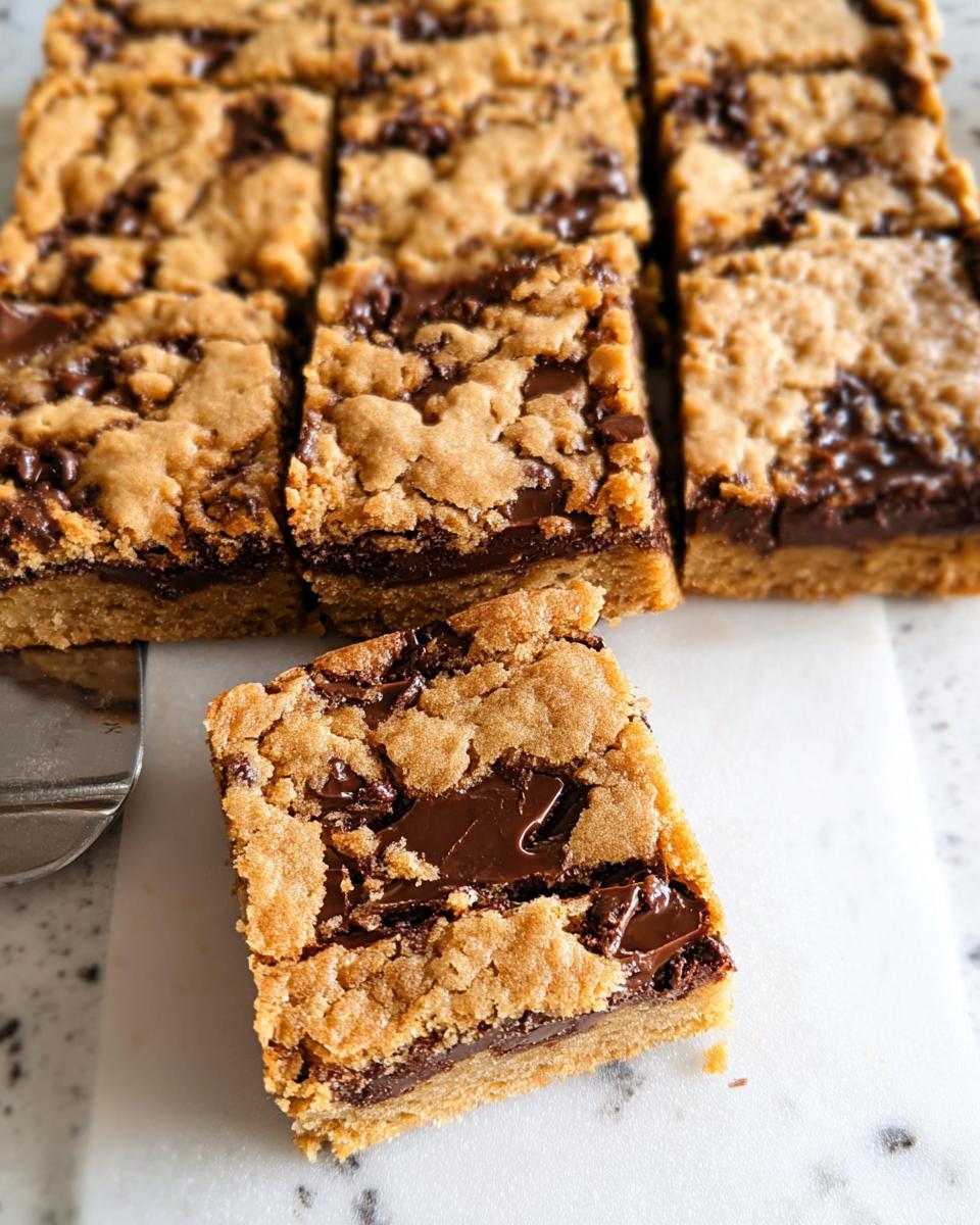 A close-up of a rich, gooey chocolate chip bar cookie, cut into squares, perfect for serving bar cookies for a crowd.