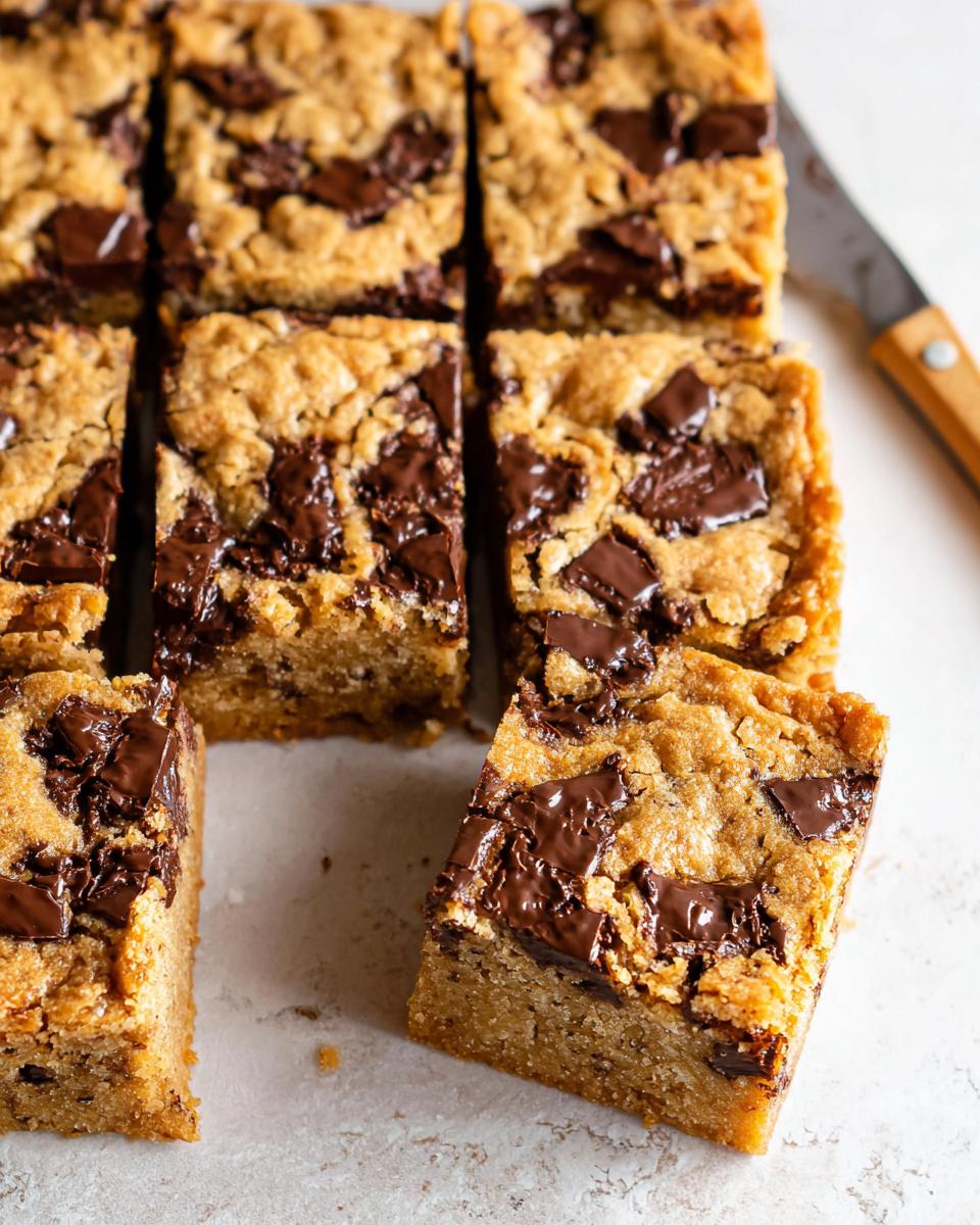 Close-up of thick, chewy chocolate chip bar cookies for a crowd, cut into squares, with melted chocolate chunks.