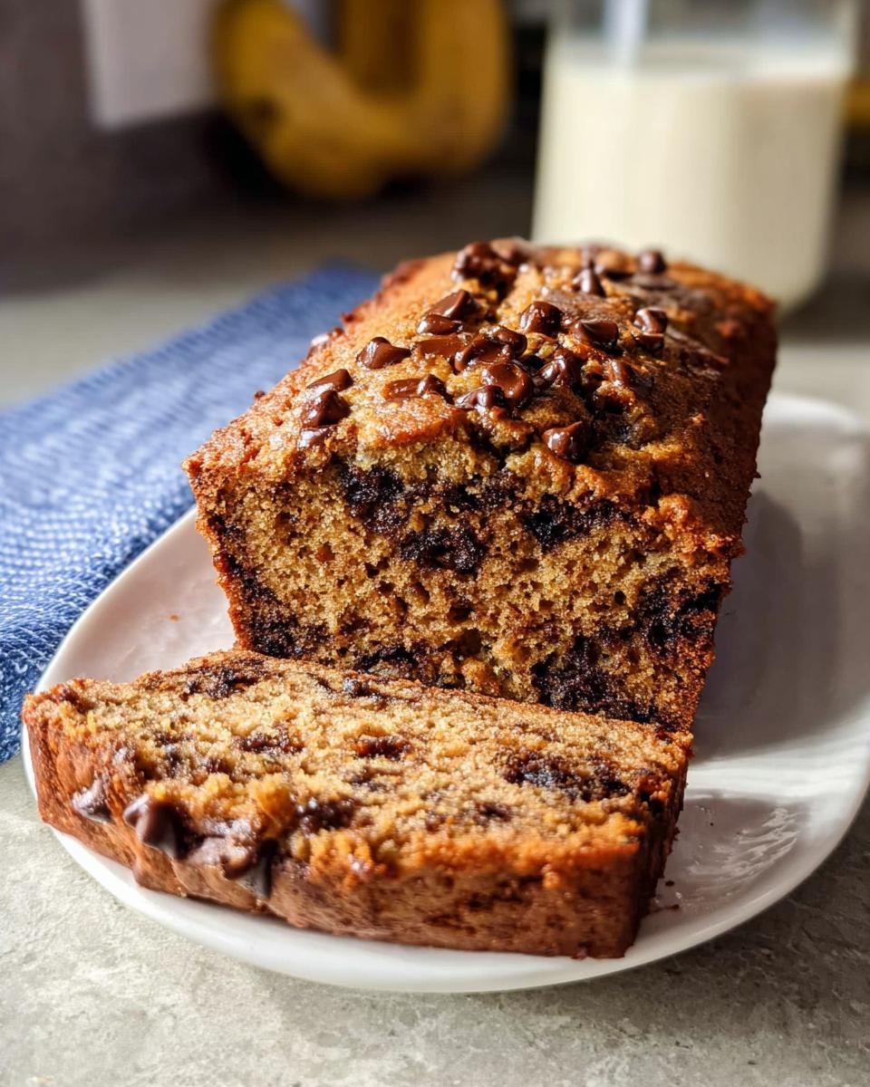 A loaf of moist Healthy Banana Bread (Whole Wheat) with chocolate chips, sliced on a white plate.
