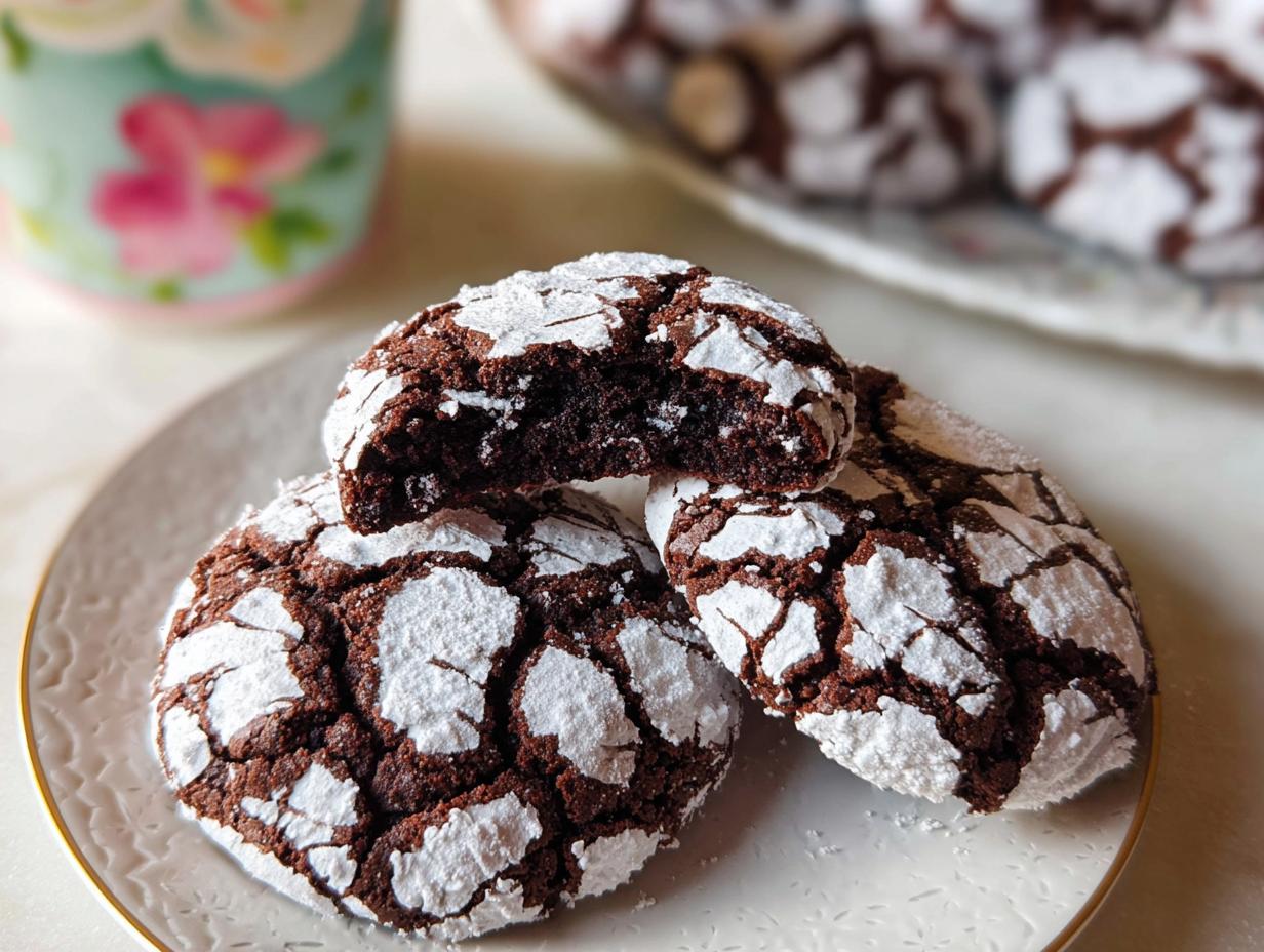 Close-up of three fudgy Chocolate Crinkle Cookies dusted heavily with powdered sugar on a white plate.