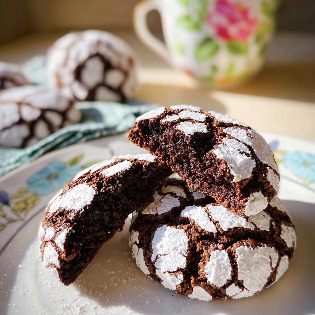 A stack of fudgy Chocolate Crinkle Cookies, one broken in half to show the dark, rich interior.