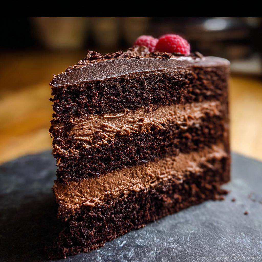 Close-up of a rich slice of Chocolate Mousse Layer Cake showing three dark cake layers and two mousse fillings, topped with ganache and raspberries.