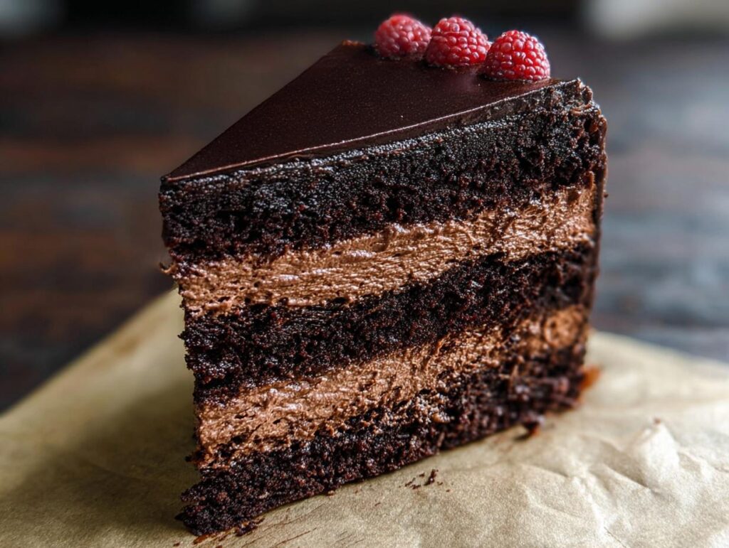 A decadent slice of Chocolate Mousse Layer Cake showing three dark chocolate cake layers and two layers of light brown mousse, topped with a ganache and three fresh raspberries.